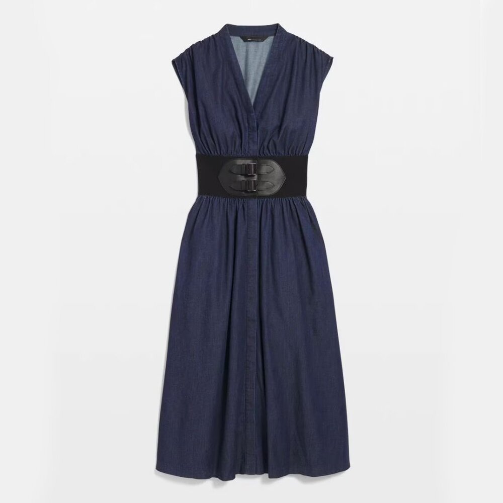 WHBM $200 Tencel Belted Denim Midi Dress Wide Belt Jean MANY SIZES - Picture 2 of 9